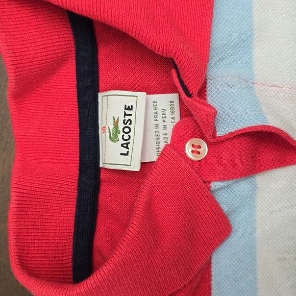 LACOSTE Boys 16 Striped Polo Shirt - Pink / Bright Red, Blue, White - Picture 2 of 7
